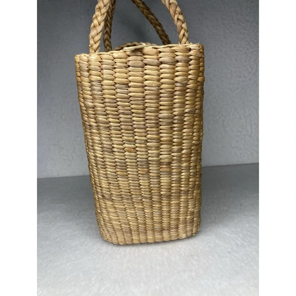 Vintage Handwoven Straw Wicker Purse Market Tote Bag Wooden Rattan Boho Beach
